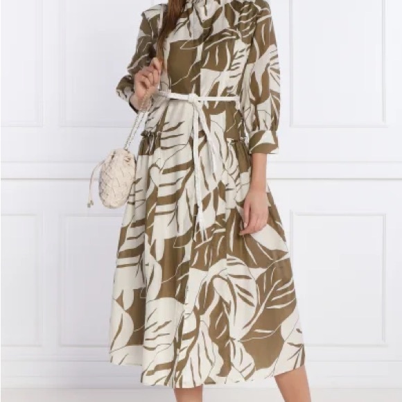 NWT Marella Spring 2024 Patterned Dress Long Tie Waist Olive - Picture 3 of 8